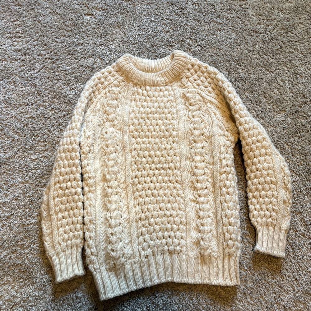 Malinmor Sweater Mens Small Cream Wool Cable Knit Aran Crewneck Ireland Warm